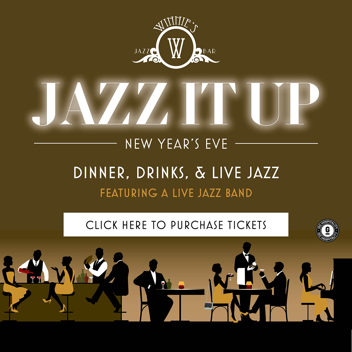 JAZZ IT UP New Year's Eve - DINNER DRINKS & LIVE JAZZ, featuring Marc Devine and his five piece band, CLICK HERE TO PURCHASE TICKETS